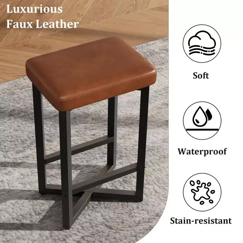 Lot de 4 tabourets de bar, tabourets de bar sans dossier de 62,5 cm de hauteur de comptoir, sièges en cuir PU rembourrés avec cadre en X en métal et repose-pieds, tabourets de cuisine modernes