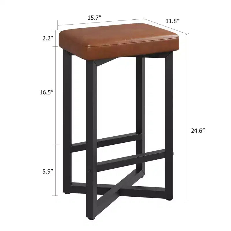 Lot de 4 tabourets de bar, tabourets de bar sans dossier de 62,5 cm de hauteur de comptoir, sièges en cuir PU rembourrés avec cadre en X en métal et repose-pieds, tabourets de cuisine modernes