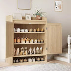 DobleePy 31,5" Meuble à Chaussures en Rotin Naturel avec 2 Portes, Organiseur en Bois à 5 Niveaux avec Étagères Réglables pour Entrée et Salon