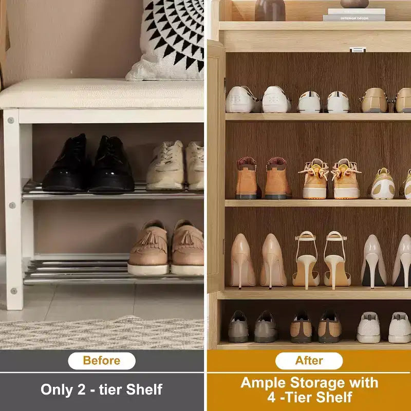 DobleePy 31,5" Meuble à Chaussures en Rotin Naturel avec 2 Portes, Organiseur en Bois à 5 Niveaux avec Étagères Réglables pour Entrée et Salon