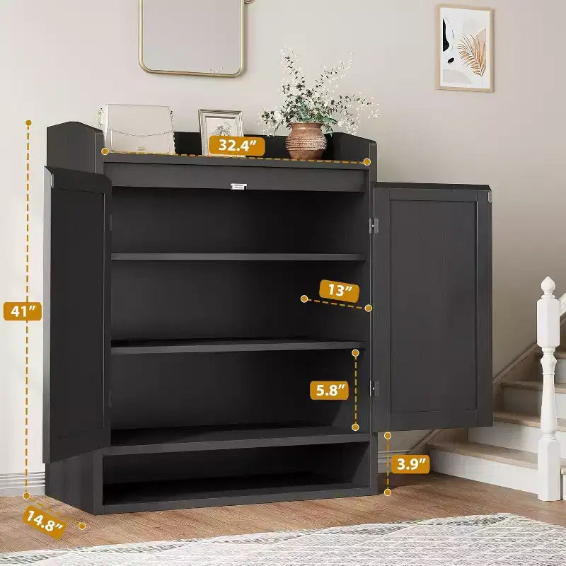 DobleePy 31,5" Meuble à Chaussures en Rotin Naturel avec 2 Portes, Organiseur en Bois à 5 Niveaux avec Étagères Réglables pour Entrée et Salon