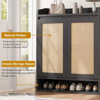 DobleePy 31,5" Meuble à Chaussures en Rotin Naturel avec 2 Portes, Organiseur en Bois à 5 Niveaux avec Étagères Réglables pour Entrée et Salon