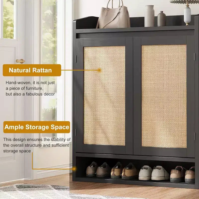 DobleePy 31,5" Meuble à Chaussures en Rotin Naturel avec 2 Portes, Organiseur en Bois à 5 Niveaux avec Étagères Réglables pour Entrée et Salon