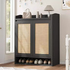 DobleePy 31.5 Natural Rattan Shoe Cabinet with 2 Doors, 5-Tier Wooden Organizer with Adjustable Shelves for Entryway & Living Room