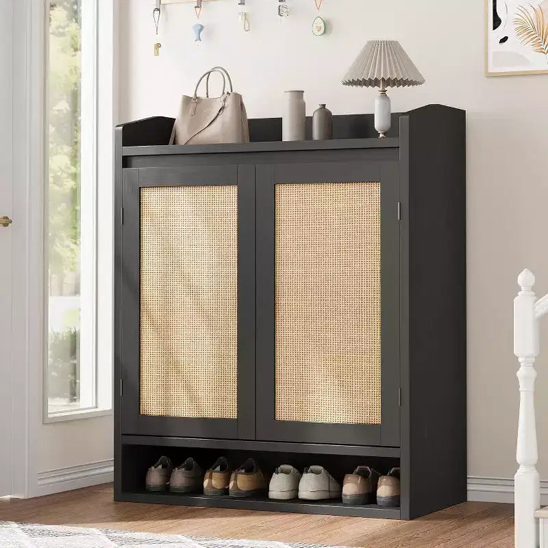 DobleePy 31.5 Natural Rattan Shoe Cabinet with 2 Doors, 5-Tier Wooden Organizer with Adjustable Shelves for Entryway & Living Room