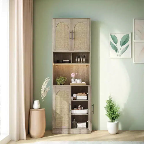 71 Inch Tall Kitchen Pantry Storage Cabinet with Mircowave Stand & Led Light, Farmhouse Rattan Hutch Cabinet for Dining Room, Living Room, Apartments