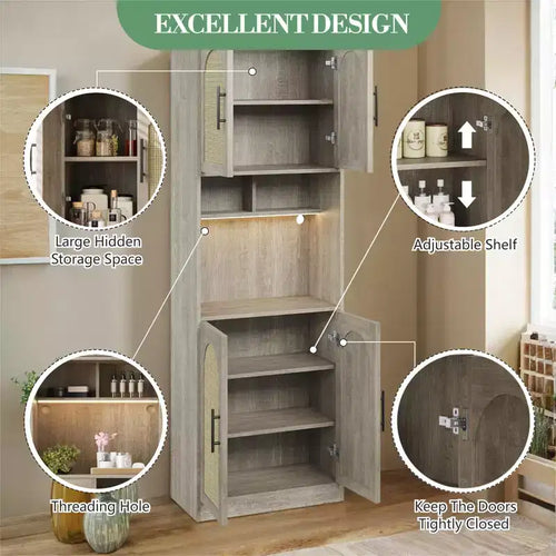 Meuble de rangement haut de 180 cm pour cuisine avec support pour micro-ondes et éclairage LED, Buffet en rotin de style fermier pour salle à manger, salon, appartements