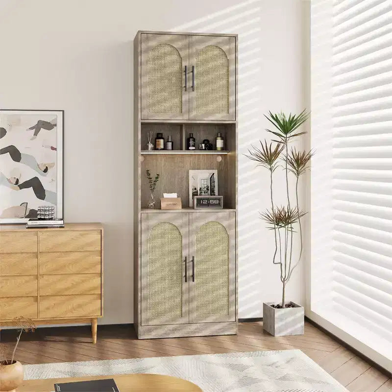 Meuble de rangement haut de 180 cm pour cuisine avec support pour micro-ondes et éclairage LED, Buffet en rotin de style fermier pour salle à manger, salon, appartements