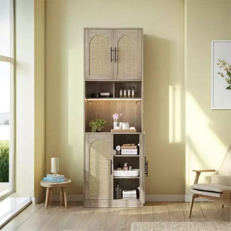 Meuble de rangement haut de 180 cm pour cuisine avec support pour micro-ondes et éclairage LED, Buffet en rotin de style fermier pour salle à manger, salon, appartements