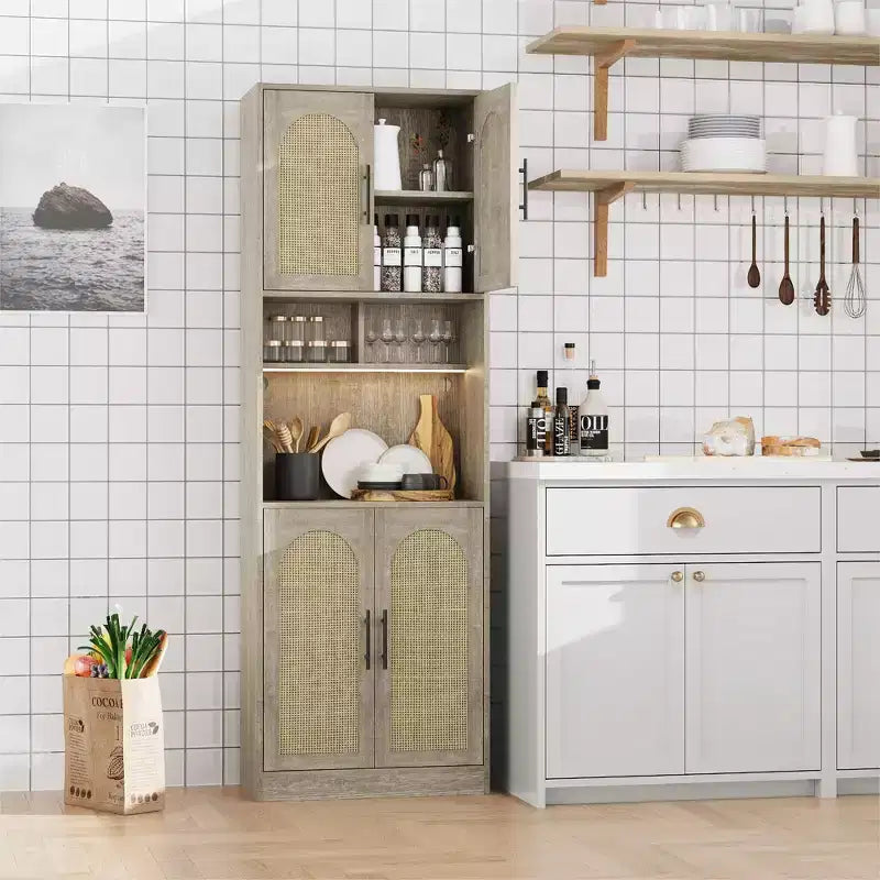 Meuble de rangement haut de 180 cm pour cuisine avec support pour micro-ondes et éclairage LED, Buffet en rotin de style fermier pour salle à manger, salon, appartements