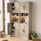 Meuble de rangement haut de 180 cm pour cuisine avec support pour micro-ondes et éclairage LED, Buffet en rotin de style fermier pour salle à manger, salon, appartements