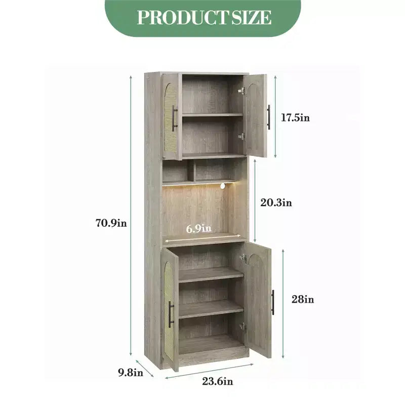 Meuble de rangement haut de 180 cm pour cuisine avec support pour micro-ondes et éclairage LED, Buffet en rotin de style fermier pour salle à manger, salon, appartements