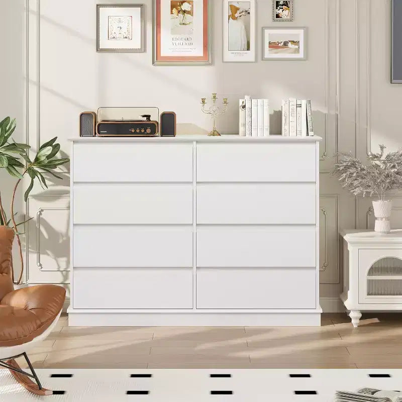 Commode à 8 tiroirs pour chambre à coucher, chiffonnier avec tiroirs profonds, grande commode double pour placard avec plateau large