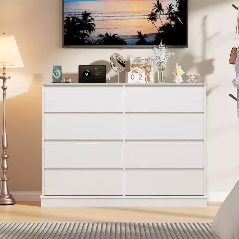 Commode à 8 tiroirs pour chambre à coucher, chiffonnier avec tiroirs profonds, grande commode double pour placard avec plateau large
