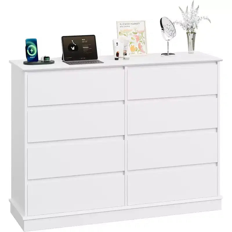 Commode à 8 tiroirs pour chambre à coucher, chiffonnier avec tiroirs profonds, grande commode double pour placard avec plateau large