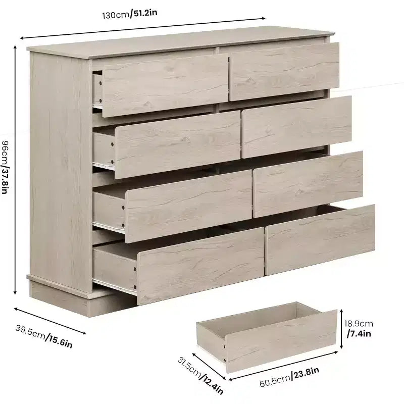 Commode à 8 tiroirs pour chambre à coucher, chiffonnier avec tiroirs profonds, grande commode double pour placard avec plateau large