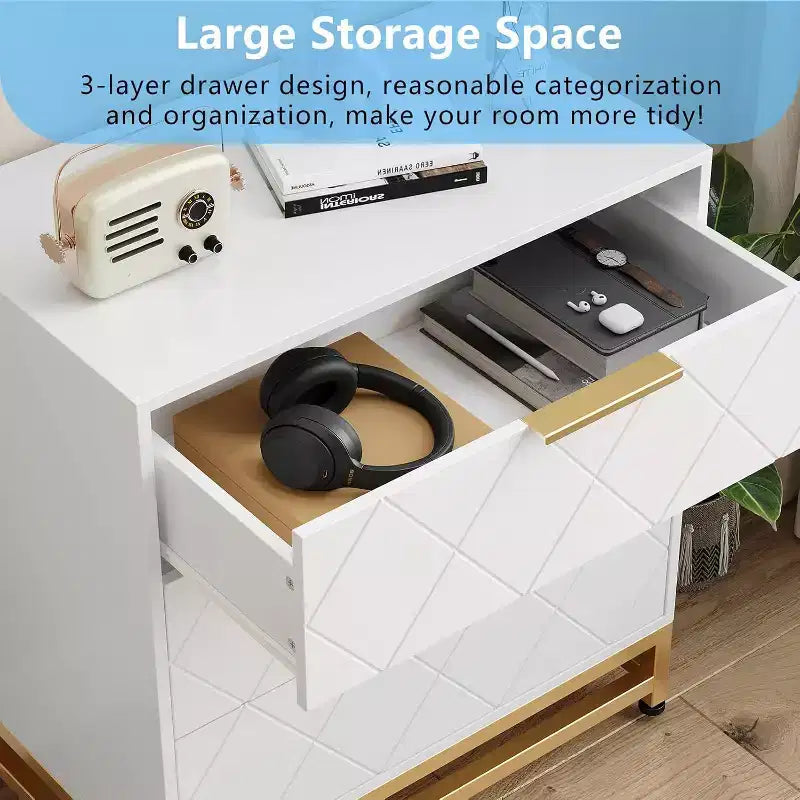 Commode à 3 tiroirs, meuble de rangement pour chambre à coucher, poignées et pieds en métal, pour chambre, salon, entrée, gain de place