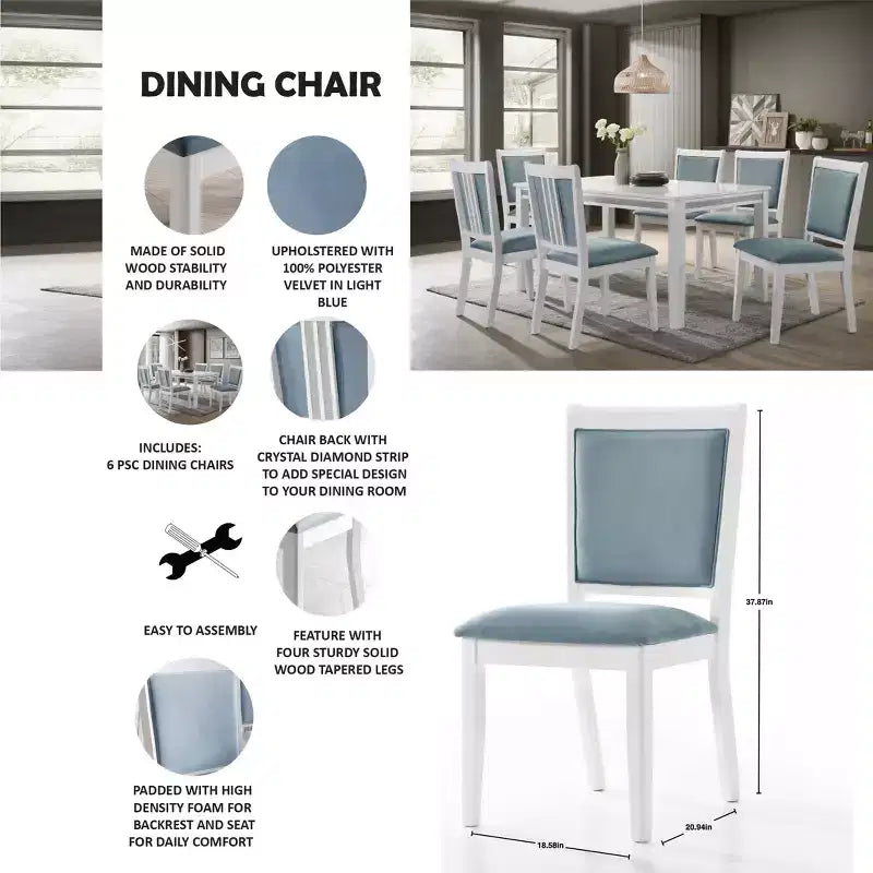 ChaletPosh Ensemble de 6 chaises de salle à manger en bois blanc avec housse en velours bleu clair