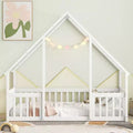MAYEERTY Twin Wood House-shaped Floor Bed with Fence, Guardrails White
