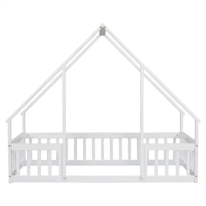 Lit double au sol en bois en forme de maison MAYEERTY avec clôture et garde-corps Blanc