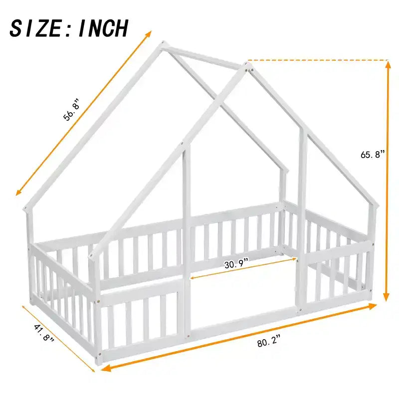 Lit double au sol en bois en forme de maison MAYEERTY avec clôture et garde-corps Blanc