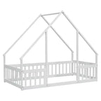 Lit double au sol en bois en forme de maison MAYEERTY avec clôture et garde-corps Blanc