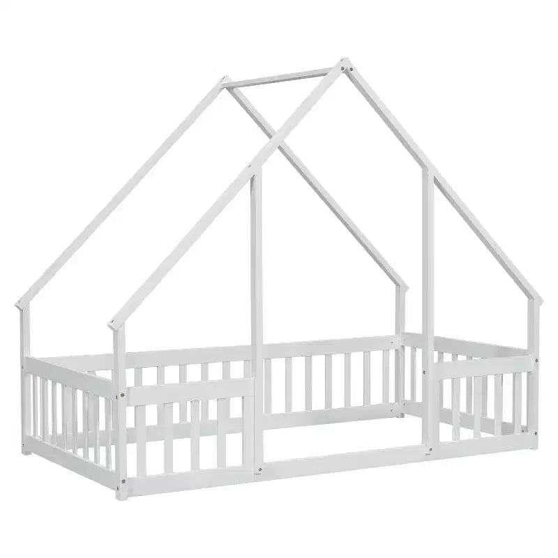 Lit double au sol en bois en forme de maison MAYEERTY avec clôture et garde-corps Blanc