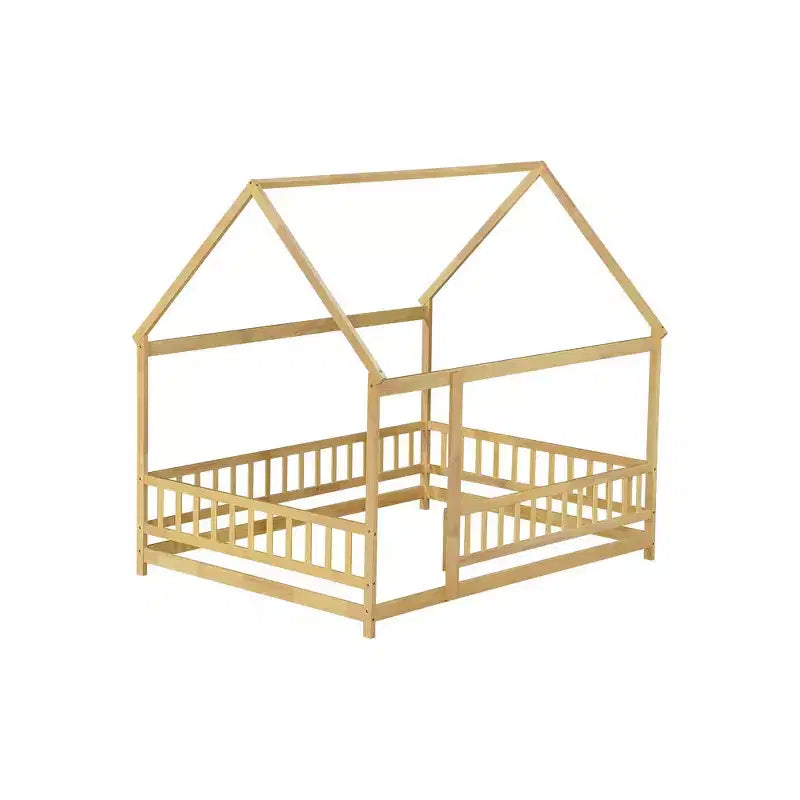 Lit double et lit au sol Whisen, structure en bois avec clôture pour des espaces de sommeil sûrs et imaginatifs pour les enfants