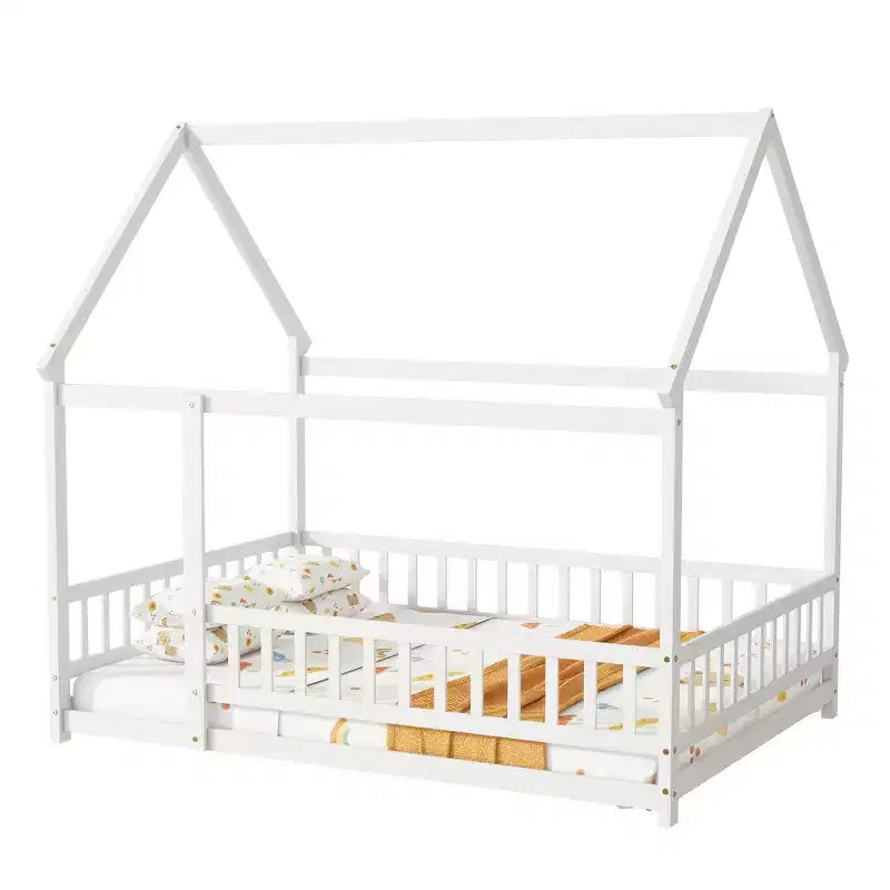 Lit double et lit au sol Whisen, structure en bois avec clôture pour des espaces de sommeil sûrs et imaginatifs pour les enfants