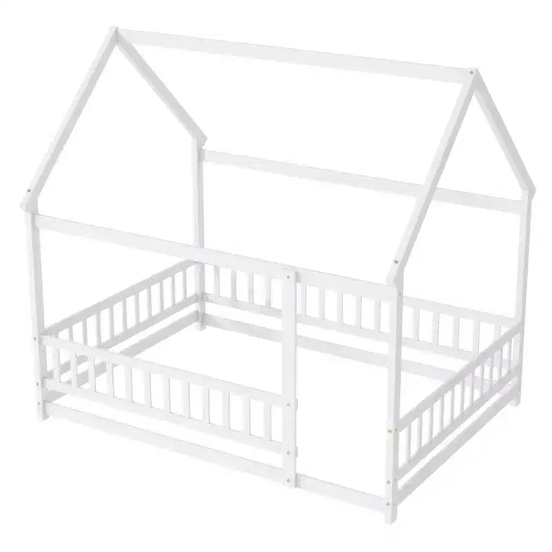 Lit double et lit au sol Whisen, structure en bois avec clôture pour des espaces de sommeil sûrs et imaginatifs pour les enfants