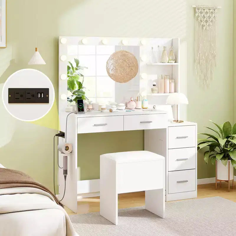 Coiffeuse avec tabouret et prise électrique Costway 43,5", 2 étagères ouvertes