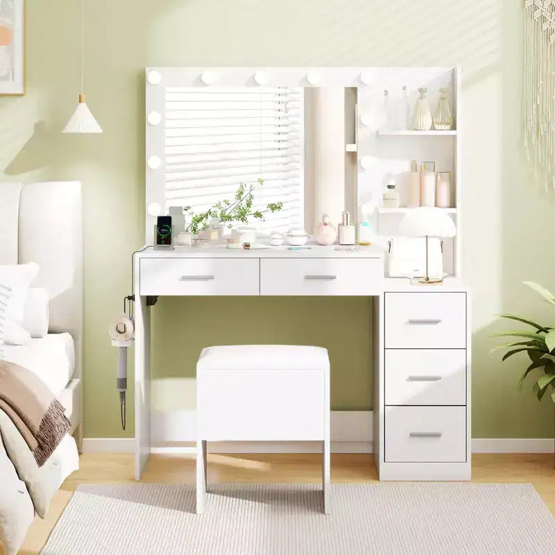 Coiffeuse avec tabouret et prise électrique Costway 43,5", 2 étagères ouvertes