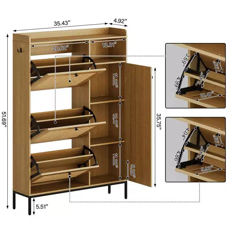 Meuble à chaussures autoportant CuisinSmart à 3 niveaux avec rotin naturel, organiseur de chaussures avec étagères réglables, range-chaussures étroit pour couloir, bois