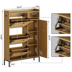 Meuble à chaussures autoportant CuisinSmart à 3 niveaux avec rotin naturel, organiseur de chaussures avec étagères réglables, range-chaussures étroit pour couloir, bois