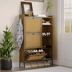 Meuble à chaussures autoportant CuisinSmart à 3 niveaux avec rotin naturel, organiseur de chaussures avec étagères réglables, range-chaussures étroit pour couloir, bois