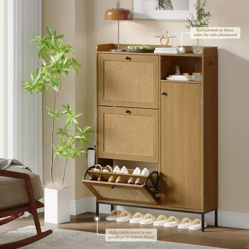 Meuble à chaussures autoportant CuisinSmart à 3 niveaux avec rotin naturel, organiseur de chaussures avec étagères réglables, range-chaussures étroit pour couloir, bois