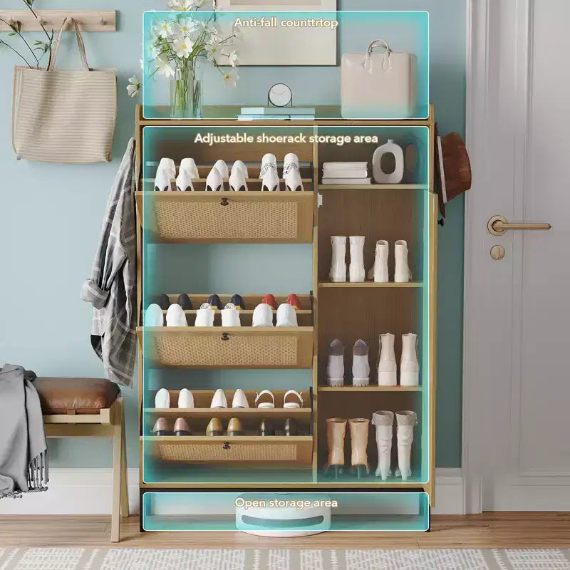 Meuble à chaussures autoportant CuisinSmart à 3 niveaux avec rotin naturel, organiseur de chaussures avec étagères réglables, range-chaussures étroit pour couloir, bois