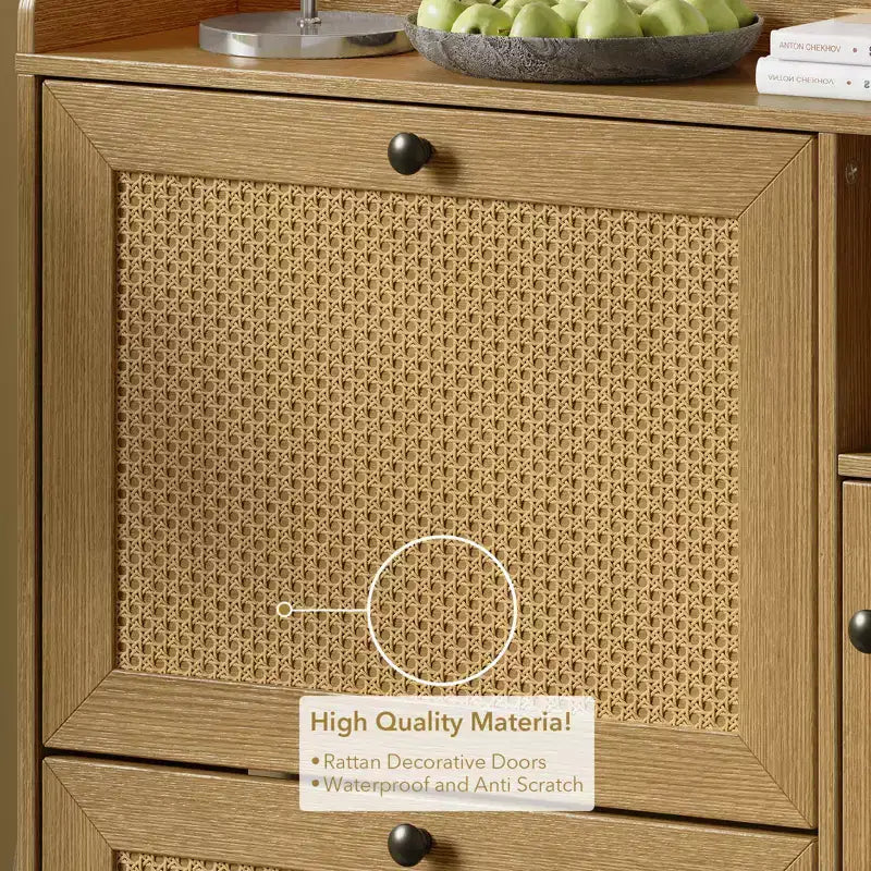 Meuble à chaussures autoportant CuisinSmart à 3 niveaux avec rotin naturel, organiseur de chaussures avec étagères réglables, range-chaussures étroit pour couloir, bois