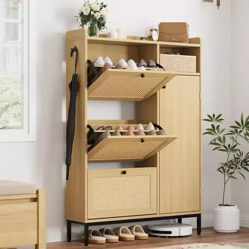 Meuble à chaussures autoportant CuisinSmart à 3 niveaux avec rotin naturel, organiseur de chaussures avec étagères réglables, range-chaussures étroit pour couloir, bois