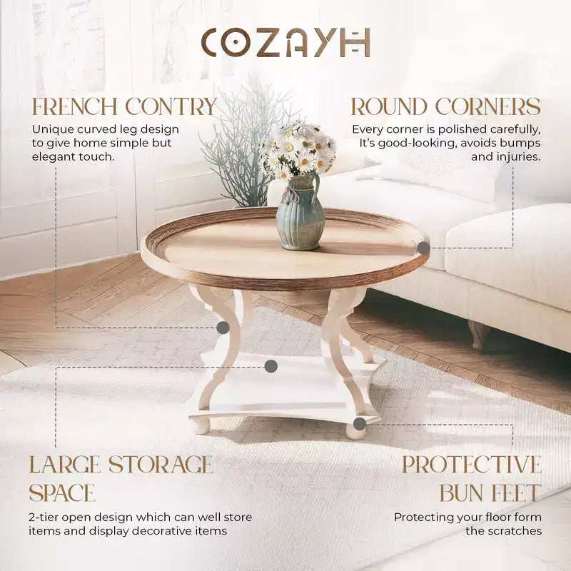 COZAYH Table basse ronde rustique Plateau en bois, Accent, Rangement central, Blanche