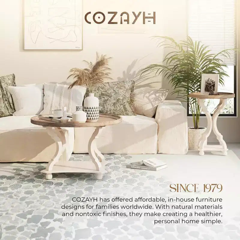 COZAYH Table basse ronde rustique Plateau en bois, Accent, Rangement central, Blanche