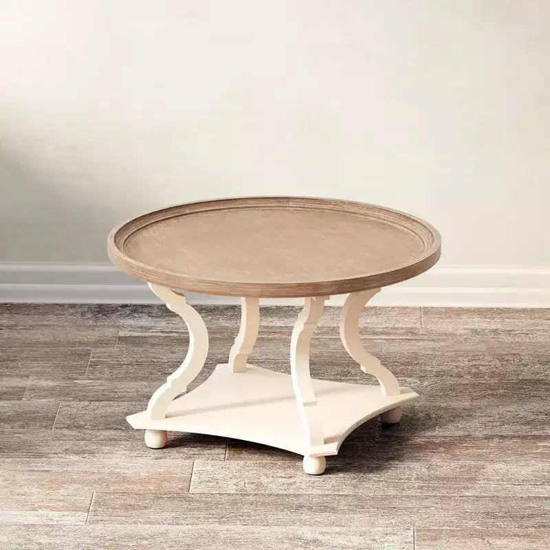 COZAYH Table basse ronde rustique Plateau en bois, Accent, Rangement central, Blanche