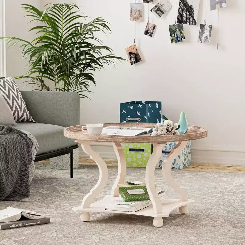 COZAYH Table basse ronde rustique Plateau en bois, Accent, Rangement central, Blanche