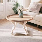 COZAYH Table basse ronde rustique Plateau en bois, Accent, Rangement central, Blanche