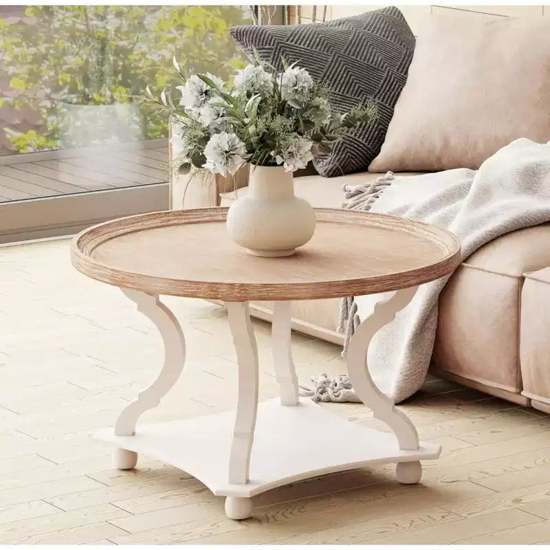 COZAYH Table basse ronde rustique Plateau en bois, Accent, Rangement central, Blanche