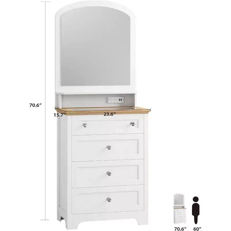 Commode à 4 tiroirs DobleePy avec miroir, bande LED et station de recharge, coiffeuse de maquillage moderne pour chambre à coucher, entrée, petit espace