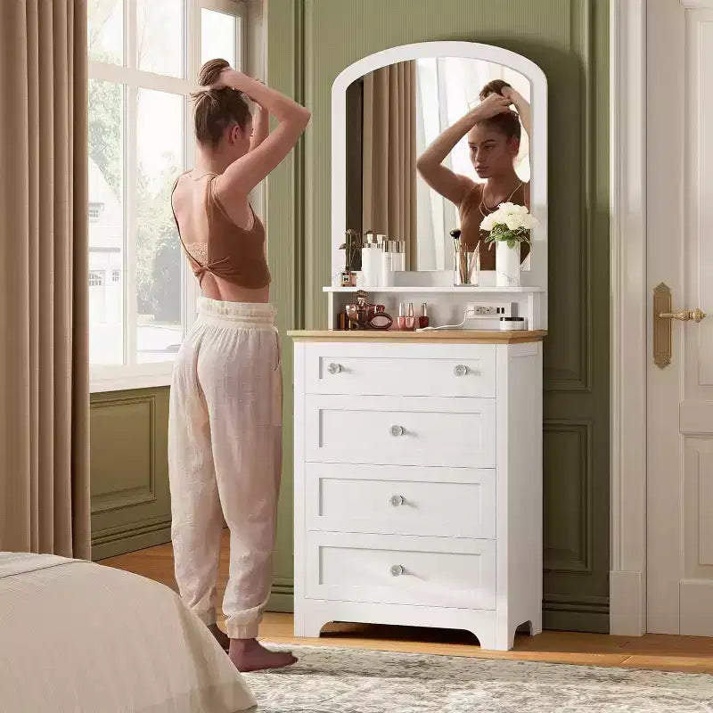 Commode à 4 tiroirs DobleePy avec miroir, bande LED et station de recharge, coiffeuse de maquillage moderne pour chambre à coucher, entrée, petit espace