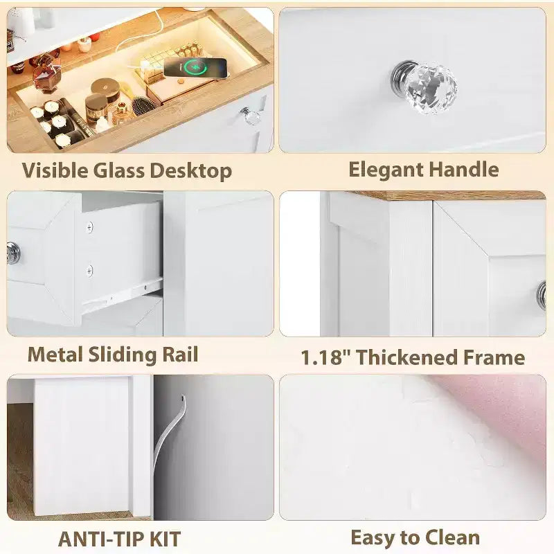 Commode à 4 tiroirs DobleePy avec miroir, bande LED et station de recharge, coiffeuse de maquillage moderne pour chambre à coucher, entrée, petit espace