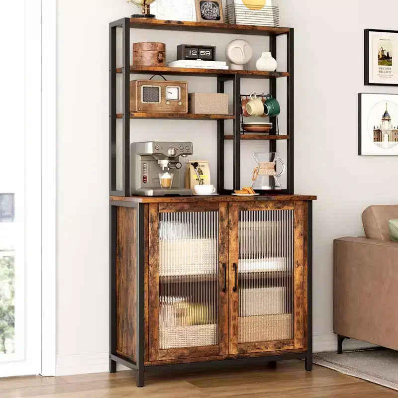 Étagère de boulanger avec armoire à 5 niveaux, support pour micro-ondes de 162 cm, étagère de boulanger autoportante avec porte, grande étagère de boulanger, station de café, cuisine