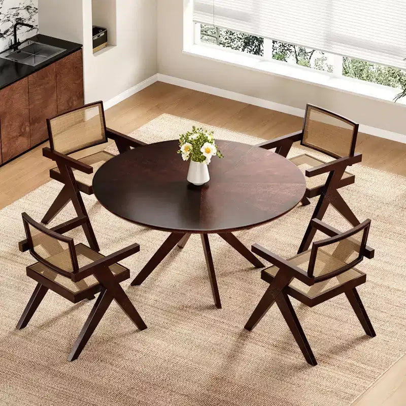 Table de salle à manger/cuisine ronde en bois massif de 120 cm pour 4 à 6 personnes avec piédestal entrecroisé